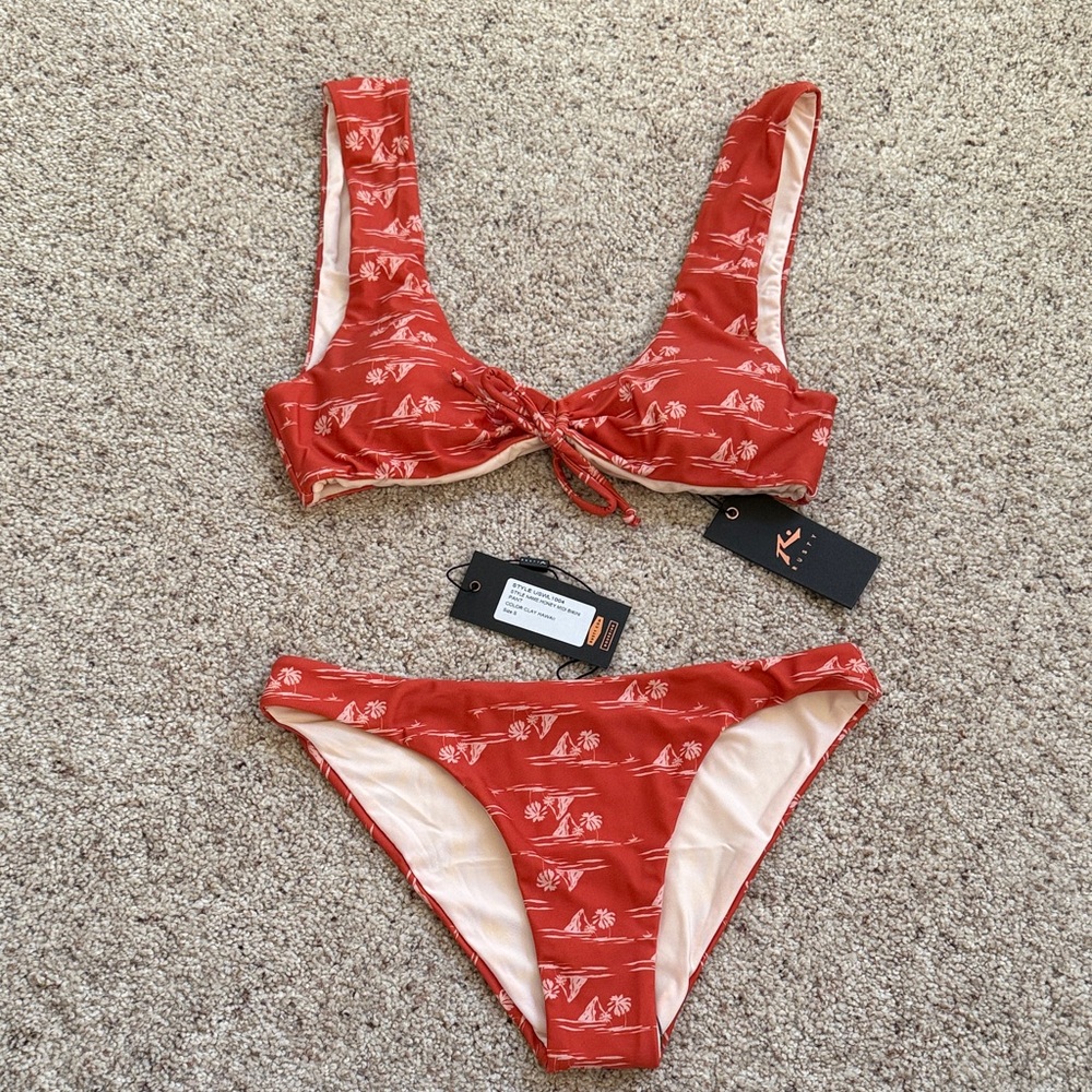 Rusty Coral-Red Tropical Tie-Front Bikini Set